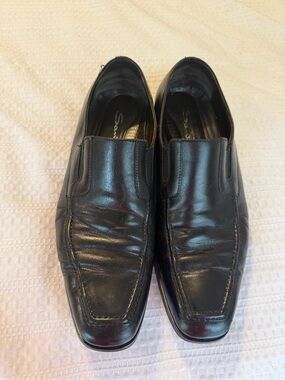Santoni Black Leather Slip-On Loafers